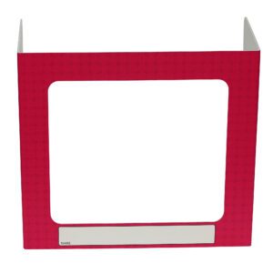 The Vestil Pers Desk Shld Grd features a stylish magenta pattern on its tri-fold privacy shield. It has three windows, a rectangular center cutout, and a label area for your name, combining style with functionality.