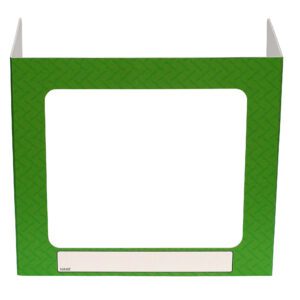 The Vestil Pers Desk Shld Grd Green Pattern 3Windows 17.5 features a green herringbone design with a square cutout and three windows for privacy, plus a white NAME label for personalization, standing at 17.5 inches tall.