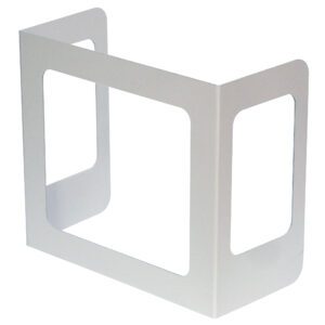 The white, rectangular metal bracket with open sides and rounded corners is perfect for wall-mounting the Vestil Pers Desk Shld Grd Custom Logo 3Windows 17.5, offering space for a custom logo or up to three windows.