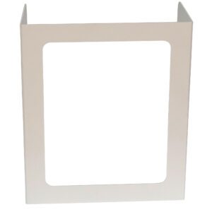 The Vestil Pers Desk Shld Grd Standard Blank 3Windows 23.5 features a white, rectangular metal frame with rounded corners and a large central cutout. Viewed from above, it stands upright with subtly bent edges for enhanced structure.
