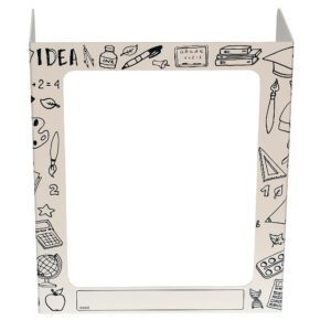 The Vestil Pers Desk Shield features a white partition with hand-drawn school-themed illustrations such as books, globes, and paint palettes. It includes three large windows and has a name label at the bottom for personalization.