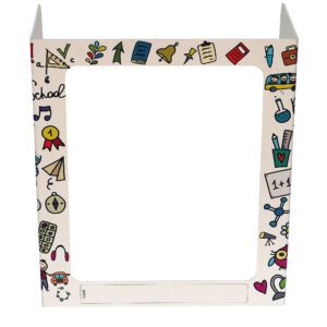 The Vestil Pers Desk Shield Guard in Bk2School Color 3 Windows 23.5 features school-themed illustrations such as books, a pencil, a blue bus, music notes, and science icons. Three windows display a plain white center with a blank name space at the bottom.