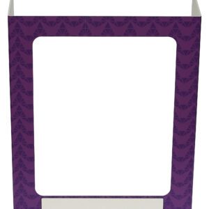 The Vestil Pers Desk Shld Grd Purple Pattern 3Windows 23.5 adds style with its purple geometric design and three windows. It stands easily on flat surfaces, featuring a blank white box at the bottom for personalization, ensuring privacy and identity are maintained.