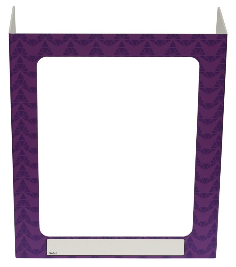 The Vestil Pers Desk Shld Grd Purple Pattern 3Windows 23.5 adds style with its purple geometric design and three windows. It stands easily on flat surfaces, featuring a blank white box at the bottom for personalization, ensuring privacy and identity are maintained.