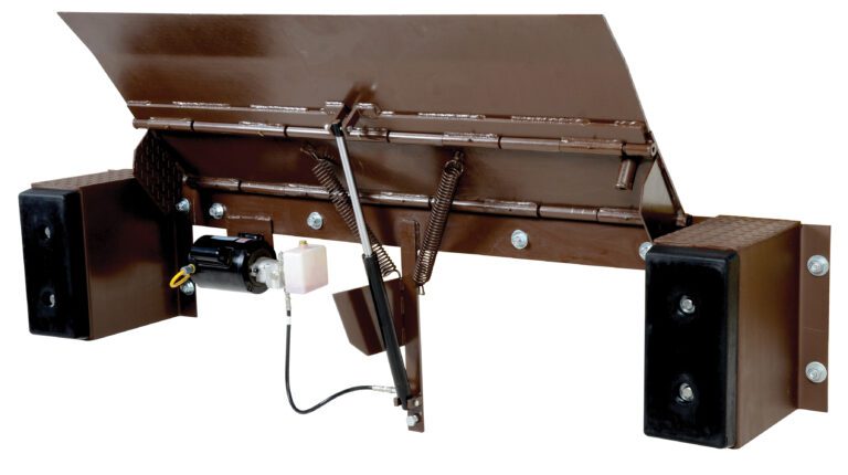 The Vestil Electric Edge-O-Dockleveler 25K 66 x 29 boasts a sturdy brown industrial design with black bumpers and includes a hydraulic pump and springs for height adjustment between loading docks and vehicles.