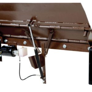 The Vestil Electric Edge-O-Dockleveler 25K 66 x 29 boasts a sturdy brown industrial design with black bumpers and includes a hydraulic pump and springs for height adjustment between loading docks and vehicles.