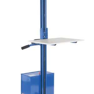 The Vestil Quick Lift 24Vdc Hand Steel raises loads up to 72 and handles up to 125#, featuring a blue electric lift cart with a vertical mast, white platform, and four caster wheels—two are swivel-style for mobility—with a side control handle.
