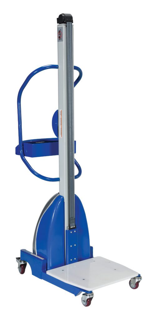 The Vestil DC Powered Versatile Quick Lift 330 Lb is a blue and silver material handling device with wheels for mobility, ergonomic handle for easy use, and supports up to 330 lbs.