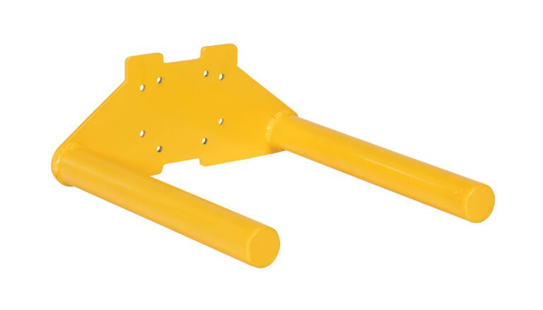PEL-DSPIN_A.jpg The Vestil Quick Lift Double Spindle Attachment, a yellow metal wall bracket, features two cylindrical hooks that extend horizontally and multiple mounting holes for securely holding items.