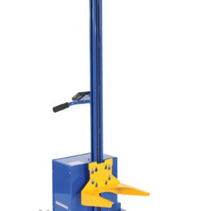 The Vestil hand-operated lift, featuring a blue column and yellow platform with four caster wheels for mobility, can be enhanced with the Vestil Pel Attachment - Pail Lifter for efficient and safe lifting of various objects.