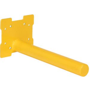 The Vestil Quick Lift Single Spindle Attachment is a yellow metal bracket with a rectangular base featuring multiple screw holes and symmetrical notches on two sides, along with an outward cylindrical protrusion.