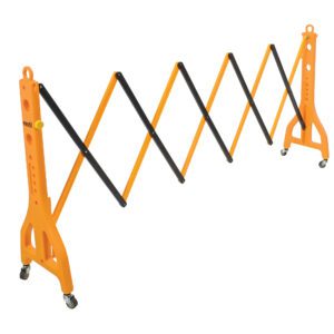 The Vestil Plastic Expand-A-Gate W/Casters is an orange, wheeled barrier with black diagonal bars, featuring a practical scissor-like expandable design for versatility.