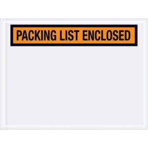 A striking orange and black sign reads PACKING LIST ENCLOSED on a clear white backdrop, akin to the MH-USA 4 1/2 x 6 Orange Packing List Enclosed Envelopes (1000/Case).