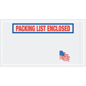 The MH-USA 5 1/2 x 10 pouch features a bold red PACKING LIST ENCLOSED label with a blue border and a small American flag on the bottom right corner. Available in cases of 1000.