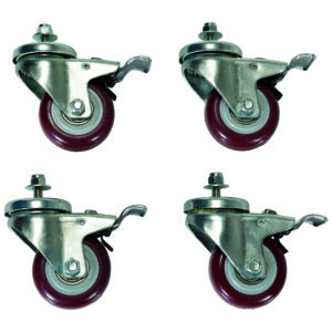 The Vestil Pail Lid Closing Press Caster Kit includes four swivel caster wheels with red rubber tires and silver metal brackets. Arranged in two rows, each wheel features a mounting plate and stem, designed for attaching to furniture or equipment, displayed on a white background.