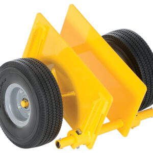 The Vestil Adjustable Panel Dolly 500Lb Foam-Filled is a yellow, heavy-duty device with two black foam-filled tires, V-shaped cradle supports, and a sturdy frame, ideal for stabilizing and towing cylindrical objects efficiently.