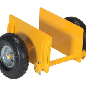 The Vestil Adjustable Panel Dolly 600Lb Pneumatic features a yellow metal platform and two large black rubber tires, making it easy to move heavy objects up to 600 lbs. Its sturdy design includes a central flat base and upright sides for optimal support.