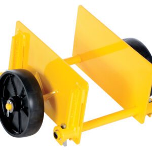 The Vestil Adj Panel Dolly 1K Glass Filled Nylon, a yellow wheel chock with black wheels and adjustable metal plates, stabilizes vehicles. Crafted from glass-filled nylon, its bright color ensures high visibility for added safety.