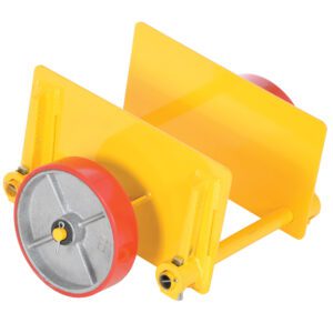 The yellow Vestil Adjustable Panel Dolly 1K Poly-On-Steel features two gray metal wheels with red edges and flat side panels, designed for easy transport of upright stanchions or barriers.
