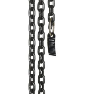 The Vestil Professional Lever Hoist 5 Ft Lift 12K features two durable black chains, top and bottom hooks, an orange body, and a grip handle for easy use. It efficiently handles up to 12,000 lbs in weight.