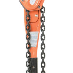 The Vestil Professional Lever Hoist 5 Ft Lift 3K showcases a 3K capacity with an orange body, black chains, a durable top hook, and a smaller bottom hook for versatility. It features a rectangular grip handle for comfort, with manufacturer details prominently displayed against a plain white backdrop.