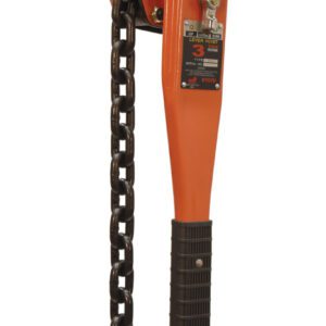 The Vestil Professional Lever Hoist 10 Ft Lift 6K features an orange design with a lever handle, top hook, and durable black chain leading to a bottom hook, making it ideal for manually lifting heavy objects.