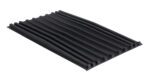 A black rectangular rubber mat with horizontal raised parallel ridges, similar in design to the Vestil Poly Lid For Size 1.5 Style D Hopper, has pointed edges and a slightly glossy surface.