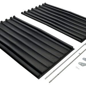 Two corrugated black plastic Vestil Poly Lids, designed for Size 2.5 Style D Hopper, are shown on a white background with metal rods, brackets, and hardware for installation or assembly.
