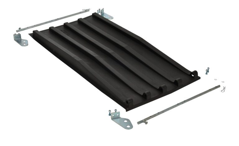 The black rubber speed bump with four raised ridges is shown disassembled, accompanied by metal brackets and bolts, similar to how Vestil Poly Lids for Size 0.25 Style D Hoppers fit seamlessly, ensuring both functionality and ease of use.