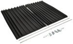 Two black plastic ramps with grooved surfaces for traction are laid side by side, assembly hardware, screws, and brackets like those on a Vestil Poly Lid For Size 3 Style D Hopper placed in front.