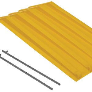The Vestil Yellow Poly Lid Size 0.5 Style H Hopper, with its corrugated texture and silver metal hardware (brackets, screws, and two long rods), is ideal for enhancing the roof of an outdoor structure or shed.