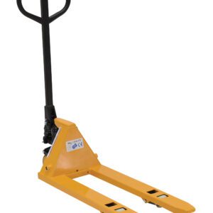 The Vestil Mini Hand Pallet Truck is a compact, yellow manual jack with black handles and dual forks, designed for efficient pallet lifting and moving. Its upright handle and visible wheels at the forks base provide smooth maneuverability.