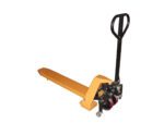 A yellow Vestil Pallet Master Single Fork with a 2000# capacity, black handle, and red wheels stands out against the white background.