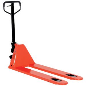 The Vestil Low Profile Pallet Master(6 Pkg) in vibrant orange, with a black handle and durable metal forks, excels at lifting and moving heavy pallets efficiently. Its robust design is highlighted against a clean white backdrop.