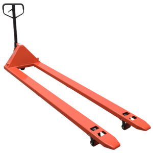 The Vestil Full Featured Pallet Truck 4K 27 X 96 is a red pallet jack with a black handle and four small wheels, ideal for moving pallets efficiently in warehouses or stores. Its design features flat, parallel forks extending from the base.