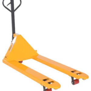 The Vestil Yellow Pallet Truck 5.5K 27 X 48 features a robust black handle, long forks, and tough red wheels, ideal for efficiently lifting and transporting pallets in warehouses.