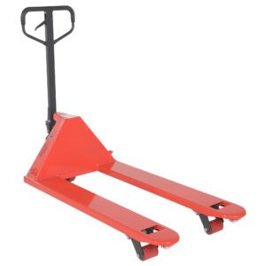 The Vestil Full Featured Pallet Truck 5.5K 27 X 48 has a sleek design, red manual pallet jack, and black handle. Its forks easily slide under pallets with small front wheels for easy maneuvering, ready to handle heavy loads effortlessly.
