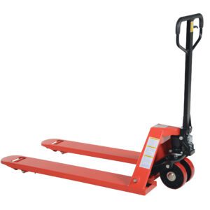 A red Vestil Full Featured Pallet Truck 6K 27 X 48 with a black handle is shown diagonally in the image. It has two forks, small wheels for maneuvering palettes, and a visible hydraulic system near the handle.