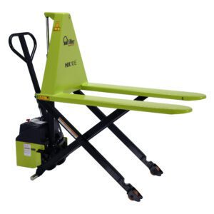 The Vestil Pramac High Lift Pallet Truck 27 X 45 features a green manual hydraulic design, with a lifting mechanism, black handle and legs, small wheels, and displays HX 10E on its side for ergonomic pallet handling.