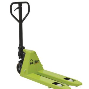 The Vestil Pramac Mini Hand Pallet Truck 16X32, with its green finish and black handle, stands sleekly against a white background.