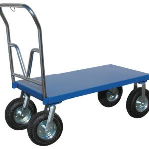 The Vestil Pneumatic Tire Platform Cart 24 x 48 is a blue flatbed cart with a metal handle and four large black wheels, ideal for transporting heavy items in warehouses or industrial environments due to its simple, utilitarian design.