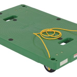 The Vestil Plastic Dolly W/Pull Rope 33.5X21 In is green and rectangular with surface grooves and a yellow pull rope. It rolls smoothly on four black wheels, featuring embossed text for added detail.