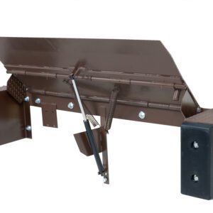 The Vestil Hand Pump Edge-O-Dock Leveler 30K 72X29 is a brown mechanical dock leveler with black bumpers, a raised platform, and a sturdy metal handle with a hydraulic pump, designed to efficiently bridge the gap between dock and truck for loading and unloading.