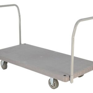 The gray Vestil Plastic Platform Truck 2 Handles 2K includes two vertical handles, four wheels, and a flat metal surface, making it ideal for easy heavy load transport.