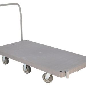 A gray flatbed dolly cart with a metal handle and four wheels, like the Vestil Plastic Platform Truck 1 Handle 3K, provides a robust rectangular platform for easily transporting items.