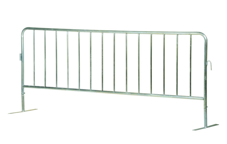 The Vestil Galvanized Barrier W/Flat Feet is a silver, metal crowd control barrier with vertical bars and stable flat feet, ideal for managing pedestrian traffic at large gatherings or events with its straightforward and functional design.
