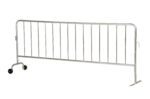 The Vestil Galvanized Barrier W/1 Wheel, 1 Flat is a sleek, freestanding metal crowd control solution with vertical bars and one wheeled end, ideal for efficiently directing pedestrian traffic or creating effective boundaries at events.
