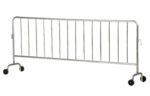 The Vestil Galvanized Barrier W/2 Wheels is a metallic crowd control barricade with vertical bars designed for quick setup and mobility, featuring two sturdy wheels that optimize maneuverability for guiding or restricting access at events or construction sites.