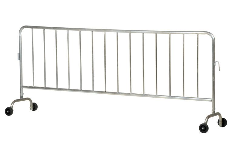 The Vestil Galvanized Barrier W/2 Wheels is a metallic crowd control barricade with vertical bars designed for quick setup and mobility, featuring two sturdy wheels that optimize maneuverability for guiding or restricting access at events or construction sites.