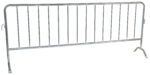 The Vestil Galvanized Barrier W/Curved Feet includes hooks and vertical bars for stability, supported by flat legs, making it perfect for crowd control.